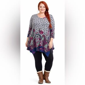 Chic Gray and Pink Paisley Long Sleeve Top